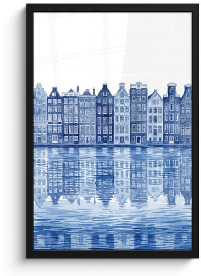 Poster in lijst - Fotolijst 40x60 cm - Posters - Aquarel - Grachtenpanden - Delfts - Blauw - Posterlijst zwart - Decoratie - Wanddecoratie woonkamer - Muurdecoratie slaapkamer