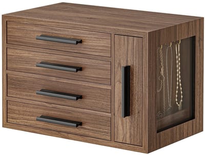 Dailygoody - Sieradendoosje - Houten sieradenorganizer - Transparant venster - 4-laags sieradenhouder - Voor oorbellen kettingen ringen - Walnoot zwart