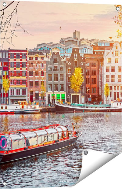 Gards Tuinposter Amsterdamse Huisjes vanaf de Grachten - 60x80 cm - Tuindoek - Tuindecoratie - Wanddecoratie buiten - Tuinschilderij