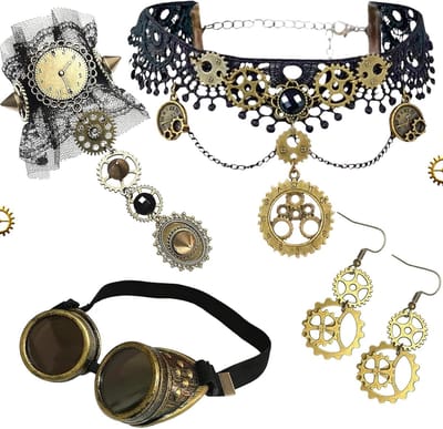Steampunk Accessoire Set voor Vrouwen met Ketting, Choker, Oorbellen en Armbanden voor Halloween en Carnaval, Vintage Sprockets en Gothic Lace Design