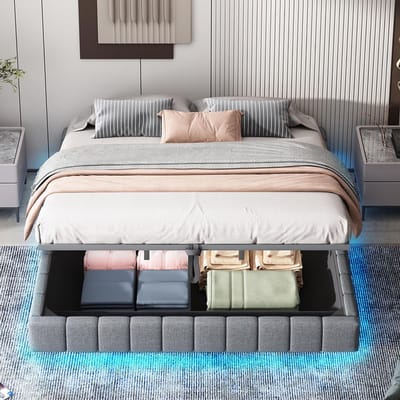 BLACKCOLORS Gestoffeerd bed 180x200 cm, hydraulisch lattenbodem met opbergruimte, multifunctioneel gestoffeerd bed zonder hoofdeinde met ledverlichting, grijs linnen