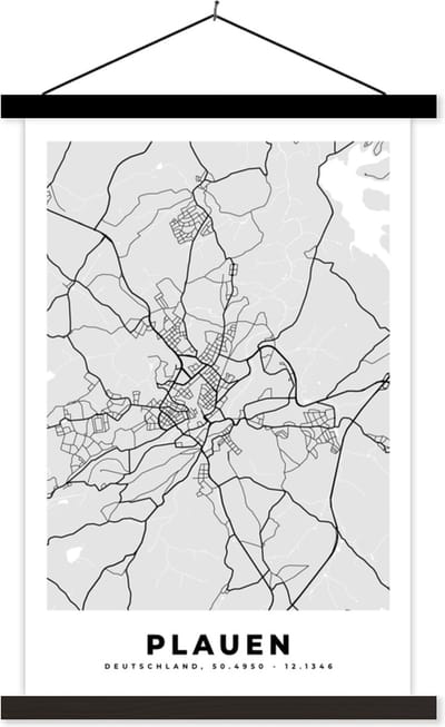 Posterhanger incl. Poster 40x60 cm - Schoolplaat - Kaart - Plauen - Duitsland - Plattegrond - Stadskaart - Textielposter - Zwarte latten - Stadskaart