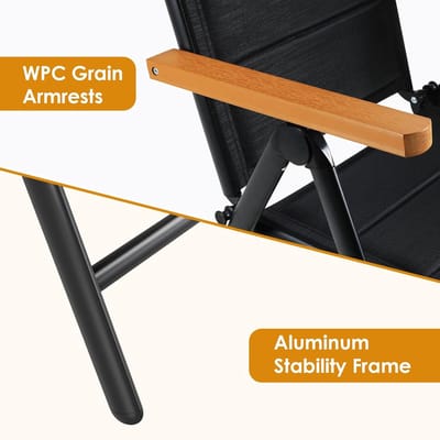 Inklapbare Outdoor Balkonstoel Set van 4 – 110 x 57 x 66 cm – Aluminium Tuinstoel met WPC Armleuningen, Gewatteerde Zitting & Rugleuning, 7-Stand Verstelbaar, Zwart – Comfortabele Tuin- & Eetkamerstoelen – Laura