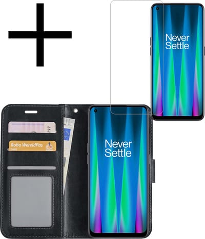 Hoesje - Met Screenprotector - Geschikt voor OnePlus Nord CE 2 - Luxe Pasjeshouder - Bookcase Portemonee - Flip Case - Kunstleer Book Case - Flipcase - Book Cover - Walletcase - Portemonneehoes - Zwart