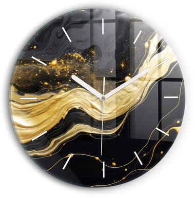 Wallfluent Wandklok - Gouden marmer Unieke Wandklok - 30 cm x 30 cm - Gouden Wandklok - Witte Handen - Wandklok Zonder Cijfers - Wandklok Glas Woonkamer - Ronde Glazen Klok - Scandinavisch Wandklok - Klok als Muurdecoratie