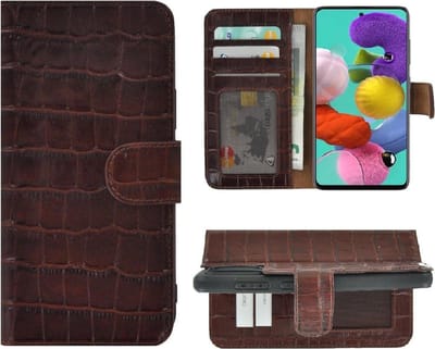 Geschikt voor Samsung Galaxy A51 Hoesje - 4G - Bookcase Hoesje - A51 Wallet Book Case Echt Leer Croco Bruin Cover
