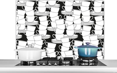 Spatscherm keuken 100x65 cm - Kookplaat achterwand Patronen - Zwart wit - Kopjes - Thee - Muurbeschermer - Spatwand fornuis - Hoogwaardig aluminium