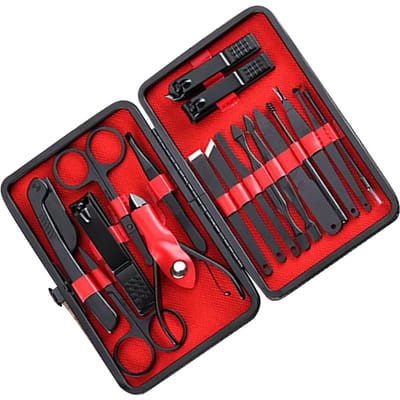 Ensemble de 18 pièces Coupe-ongles Couteau à ongles Oreille Cuillère Pince à peau morte Fourchette Lime à ongles Outils Coupeur Manucure Noir red