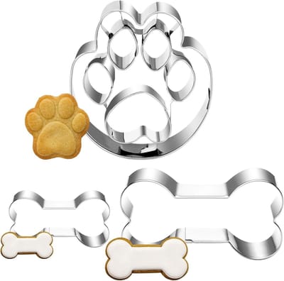 Set van 3 RVS hondenpoot koekjesuitsteekvormen voor hondenkoekjes, traktaties en bakken