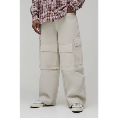 Wijde Cargo Jeans Met Ritssluiting Afneembare Pijpen | Stone | Size 28