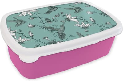 Broodtrommel Roze - Lunchbox - Brooddoos - Patronen - Vogel - Bloemen - 18x12x6 cm - Kinderen - Meisje