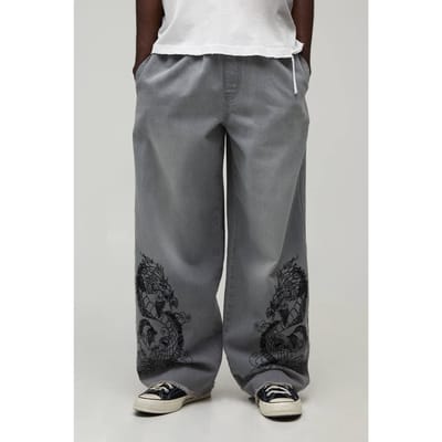 Jeans Met Geborduurd Drakendesign, Elastische Taille En Super Baggy Fit | Grey | Size 42R