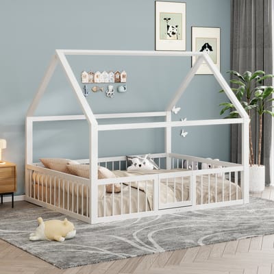 Wishdor Kinderbed 140x200 cm - Met Dakvorm & Deurtje - Inclusief Veiligheidshek - Speels & Veilig - Metaal - Wit