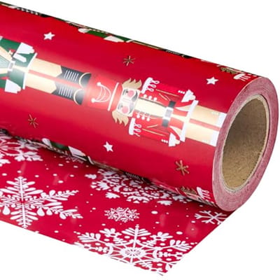 Omkeerbaar kerst inpakpapier - 17 inch x 33 voet - Rode notenkraker en sneeuwvlok ontwerp voor feestdagen