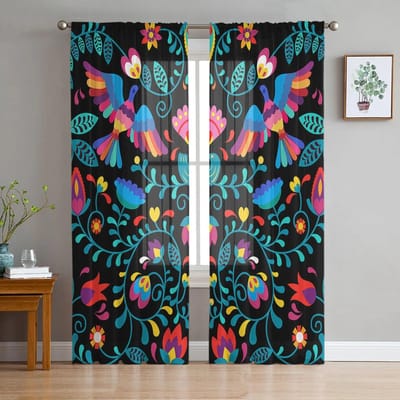 Mexicaans Festival Patroon Textuur Slaapkamer Transparante Dunne Gordijnen Vakantiedecoratie Raam Voile Tule Gordijn 135W x 114H(cm) blue