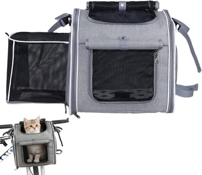 Hondenfietsmand - Fietsmand hond - Hondentransporttas - Fietsmand voor huisdieren - Uitklapbaar - Multifunctioneel - Voor kleine honden en katten - Voor op de fiets en onderweg - 36 x 26 x 31 cm - Grijs