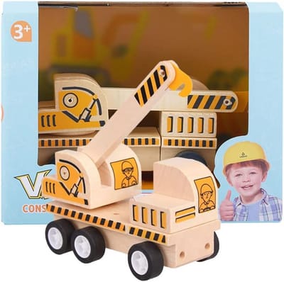 Houten Kraanwagen met Beweegbare Delen - Kleurrijk Bouwvoertuig voor Jongens en Meisjes vanaf 3 Jaar - Leren door Spel met Houten Speelgoed voor Fijne Motoriek en Creativiteit