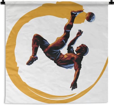 Wandkleed Voetbal illustratie - Een illustratie van een voetballer die een omhaal maakt Wandkleed katoen 90x90 cm - Wandtapijt met foto
