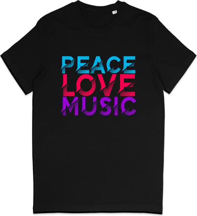 T Shirt Heren en Dames - Vrede Liefde Muziek - Zwart - XS