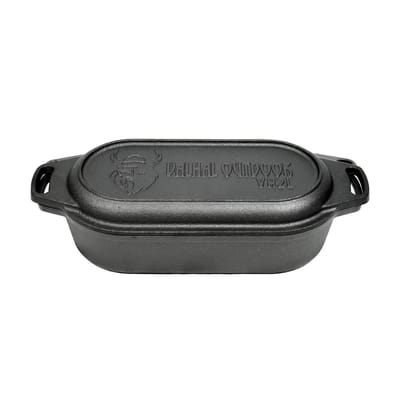 Valhal Outdoor - Braadpan / Dubbele Skillet 2L - kleine Dutch Oven, gietijzer, ovaal, grillpatroon, VH2L