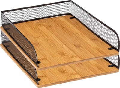5Five kantoor brievenbak/postbakje A4 formaat - 2x - zwart mesh - bamboe