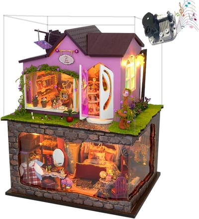 Houten Poppenhuis - Miniatuurhuis Bouwpakket - Hobby en Knutselen - Met Ledverlichting - 26 x 20 x 24 cm