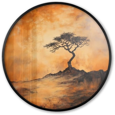 Poster in lijst Rond - Fotolijst 60x60 cm - Posters - Boom - Landschap - Oranje - Ronde posterlijst zwart - Decoratie - Wanddecoratie woonkamer - Muurdecoratie slaapkamer