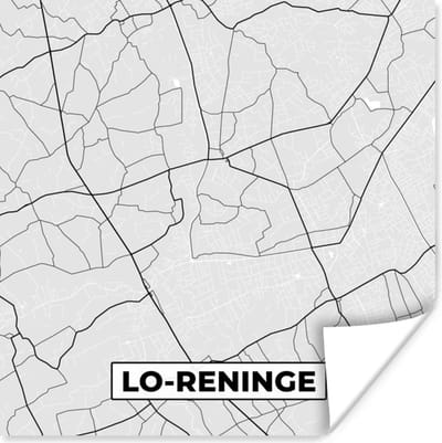 Poster België – Lo Reninge – Stadskaart – Kaart – Zwart Wit – Plattegrond - 100x100 cm XXL