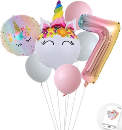 Eenhoorn Unicorn Sweet Color Ballonnen Set - Snoes - Cijfer Ballon 7 Jaar - Roze - Wit - Pastel