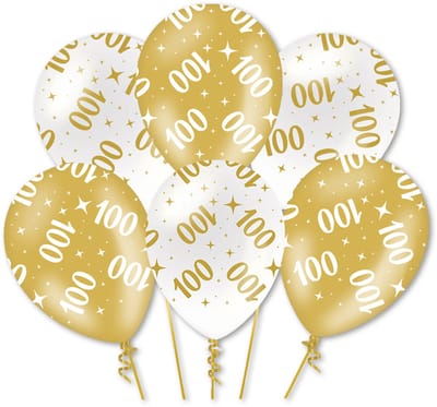 Q2P - 100 Jaar Ballon - Verjaardag Versiering - Wit & Goud - Helium Ballonnen - Feest Decoratie - 6 Stuks