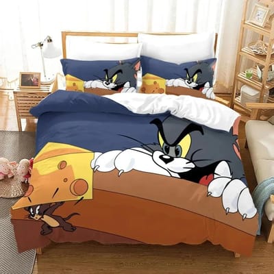 Cartoon T-Tom Muis en Kat Beddengoed Set J-Jerry Dekbedovertrek Beddengoed Set Dekbedhoes Kussensloop Dekbed King Queen Maat Jongens Volwassenen EU Single(135*200cm)3pcs