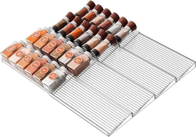 Uitbreidbare kruidenlade-organizer met 4 niveaus, 8-delige set, plastic kruidenrek voor keukenkast, verstelbaar van 28 tot 56 cm, antislip ontwerp voor optimale organisatie