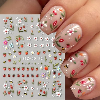 Zelfklevende Nail Art Stickers - Schattige Bij, Lieveheersbeestje, Tulpen, Lelie & Gemengde Bloemen Ontwerp met Aardbeien Accenten, Glitters Afwerking