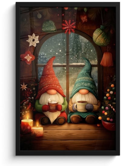 Poster in lijst - Fotolijst 40x60 cm - Posters - Gnooms - Kerst - Raam - Kleurrijk - Posterlijst zwart - Decoratie - Wanddecoratie woonkamer - Muurdecoratie slaapkamer - Kerstversiering - Kerstdecoratie voor binnen - Kerstmis