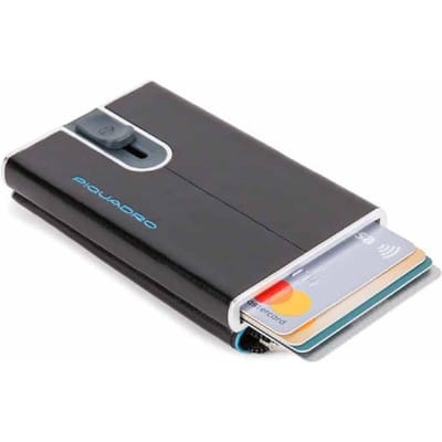 Piquadro, Blue Square, Porte-cartes en cuir, Système coulissant carré avec poche à monnaie zippée, PP5359B2R-N, Noir, Pour Hommes