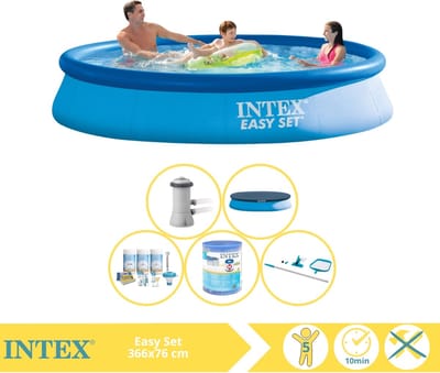 Intex Rond Opblaasbaar Easy Set Zwembad - 366 x 76 cm - Blauw - Inclusief Pomp - Afdekzeil - Onderhoudspakket - Filter - Schoonmaakset - 6-delig