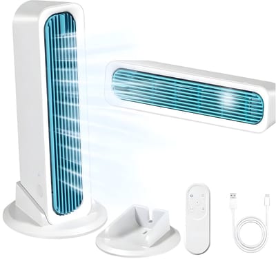 Bladloze Torenventilator - USB Torenventilator - 4000mAh - 3 snelheden - Stille Staande Ventilator - met losse voet en afstandsbediening - voor bureau, slaapkamer en camping - wit