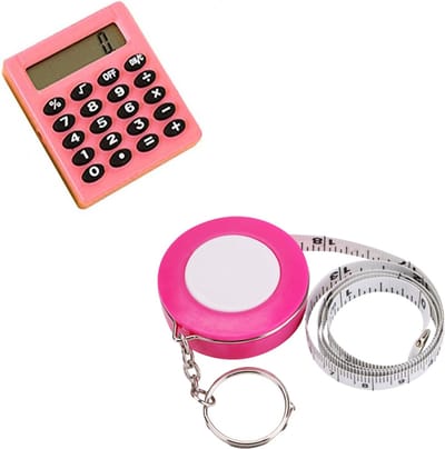 Set Mini Rekenmachine + Meetlint Oprolbaar met Sleutelhanger - ROZE - Rekenmachine Klein - Sleutelhanger met Meetlint