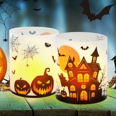 Halloween windlicht tafeldecoratie met pompoen, vleermuis en spinnenweb voor theelichtjes en kaarsen
