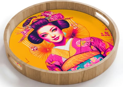 Dienblad rond 40x40 cm - Schootdienblad hout - Bloemen - Vrouw - Kimono - Roze - Borrelplank rechthoek - Plateau houten dienbladen