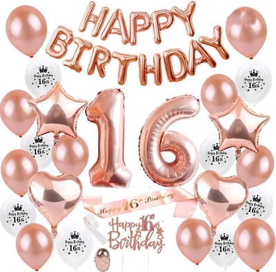 Joya Party® Sweet 16 Versiering Rose Goud pakket| Verjaardag 16 Jaar | Ballonnen Slinger Rosé gold | sweet sixteen sjerp | happy birthday