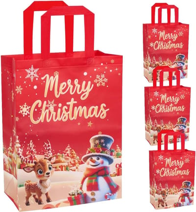 Herbruikbare grote kersttassen in het rood van niet-geweven stof met kerstelf en sneeuwman, perfect voor cadeaus en feestdecoratie