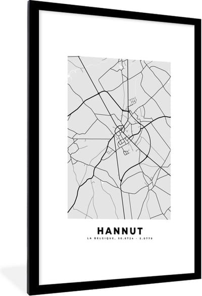 Fotolijst incl. Poster Zwart Wit- Zwart Wit – België – Plattegrond – Stadskaart – Kaart – Hannut - 60x90 cm - Posterlijst