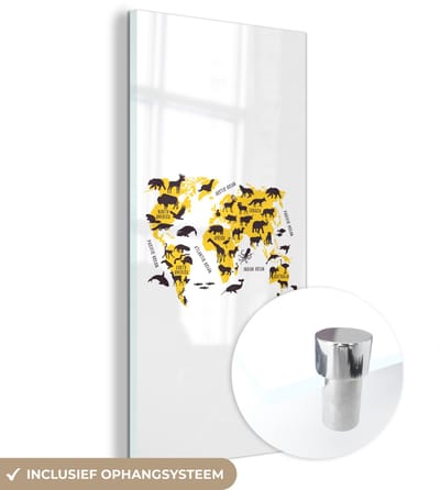 ® Glasschilderij 60x120 cm - Schilderij acrylglas - Wereldkaart - Dieren - Geel - Foto op glas - Muurdecoratie woonkamer - Wanddecoratie slaapkamer - Schilderijen