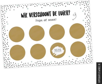 Kraskaart luier verschonen goud - wie verschoont de luier - kraamcadeau baby - grappig kaartje - A5