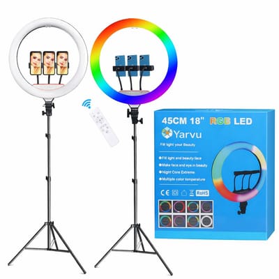 RGB LED Ringlamp XL INCLUSIEF statief (verstelbaar) met telefoonhouder - 45 cm/18 inch -170 cm hoog - USB - flitser - Ring lamp voor Vloggen - Vlog - Make-up light - Studiolamp