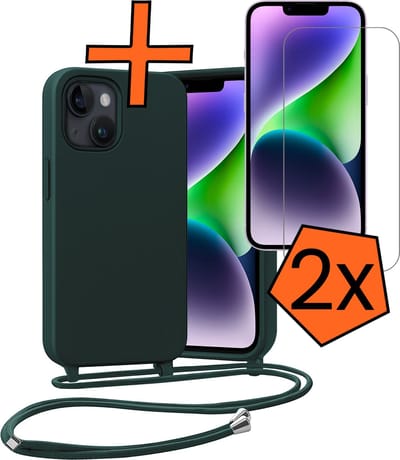 Hoesje Geschikt voor iPhone 13 Mini Hoes Met Telefoonketting Met 2x Screenprotector - Backcover Geschikt voor iPhone 13 Mini Case Met Koord - Donkergroen