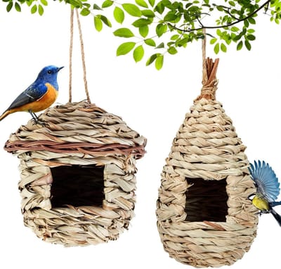 Bird Nest, 2 stuks handgeweven vogelnest van gras, hangend vogelhuisje voor buiten en kooidecoratie, gevlochten natuurlijk vogelhuis met ophangbanden, voor papegaaien, kanarievogel, kolibrie, D