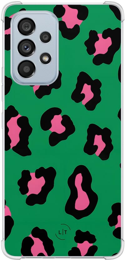 Shockproof hoesje - Geschikt voor Samsung Galaxy A53 - Luipaard groen roze - Extra sterke case - TPU/polycarbonaat - Luipaardprint - Groen, Roze, Transparant