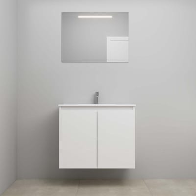 On-Line Badkamermeubelset - 80 cm - Bouwpakket - Greeploos 2 Deuren - Porseleinen Wastafel - 1 Kraangat - Spiegel met LED-Verlichting - Hoogglans Wit